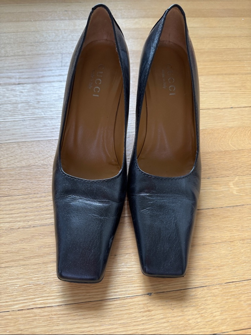 Gucci Black Leather Square-Toe Pumps with Brown Insole